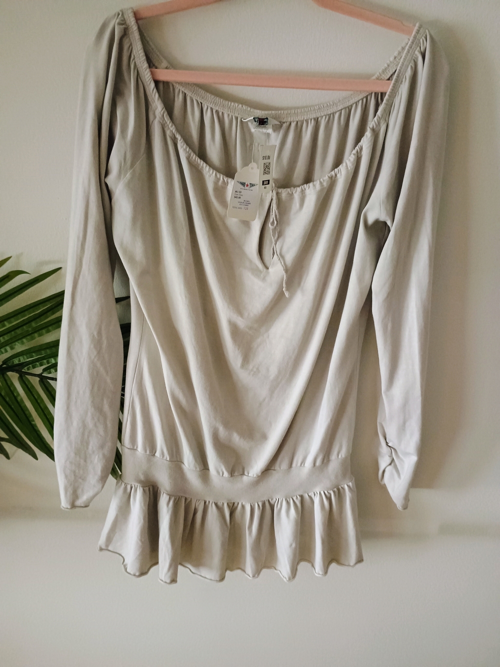Hard Tail Grey Beige Long-Sleeve Poet Dress With Peplum Hem Womens Size M New